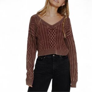 Cable-Knit Cropped V-Neck Sweater Washed Brown Burgundy Aeropostale Women’s